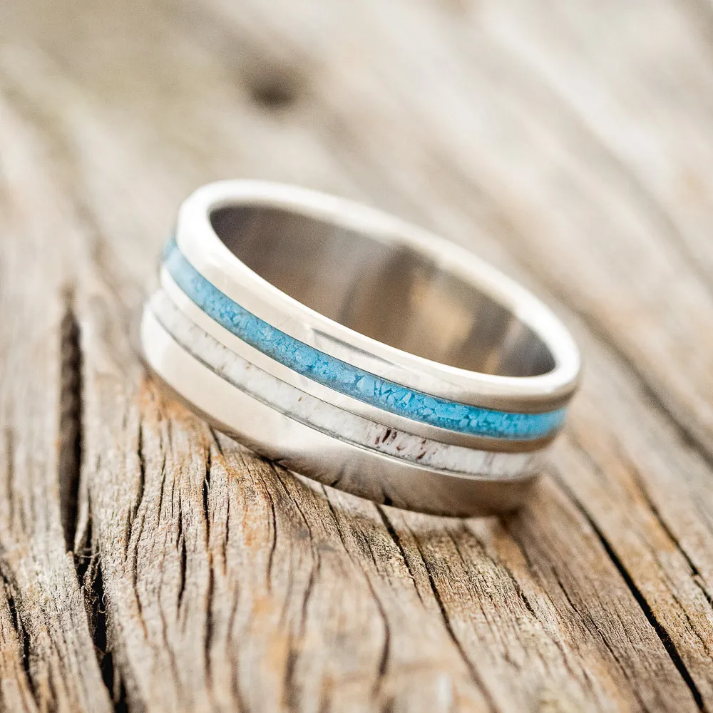 "COSMO" - ANTLER & TURQUOISE WEDDING BAND - TITANIUM - SIZE 8