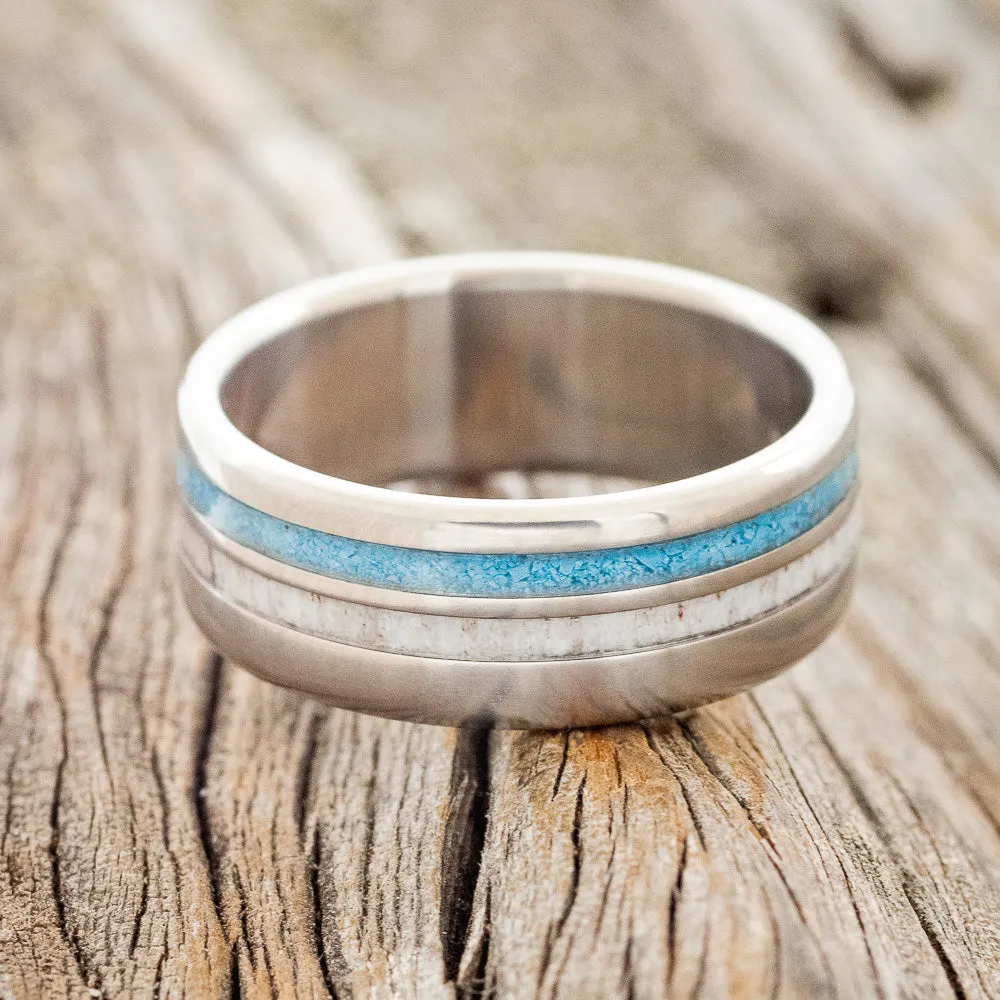 "COSMO" - ANTLER & TURQUOISE WEDDING BAND - TITANIUM - SIZE 8