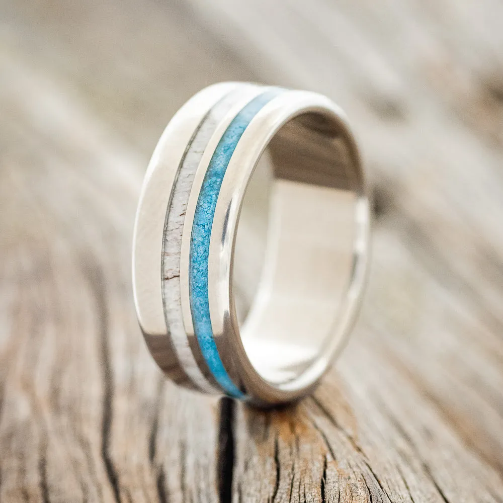 "COSMO" - ANTLER & TURQUOISE WEDDING BAND - TITANIUM - SIZE 8