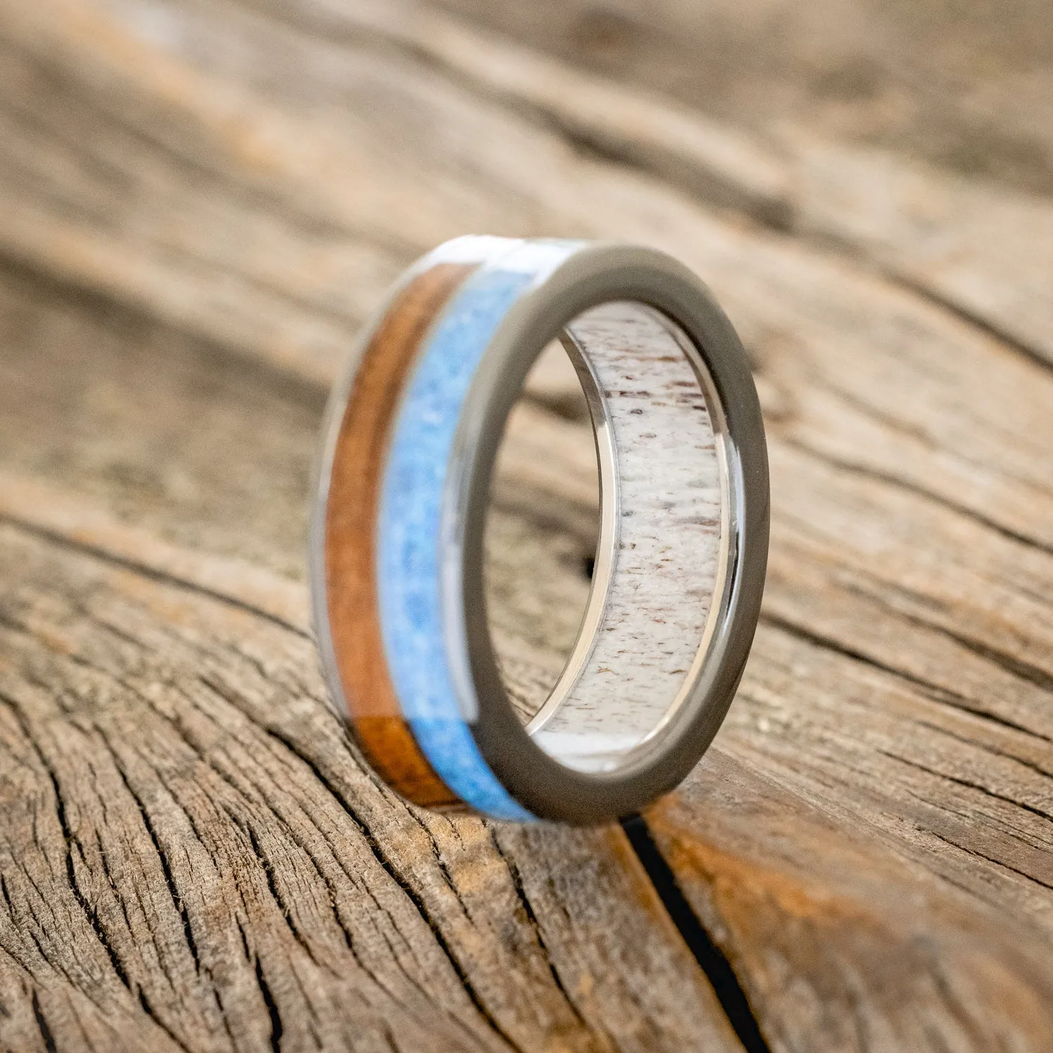 "DYAD" - KOA WOOD & BLUE OPAL WEDDING RING FEATURING AN ANTLER LINED BAND - BLACK ZIRONIUM - SIZE 10 3/4