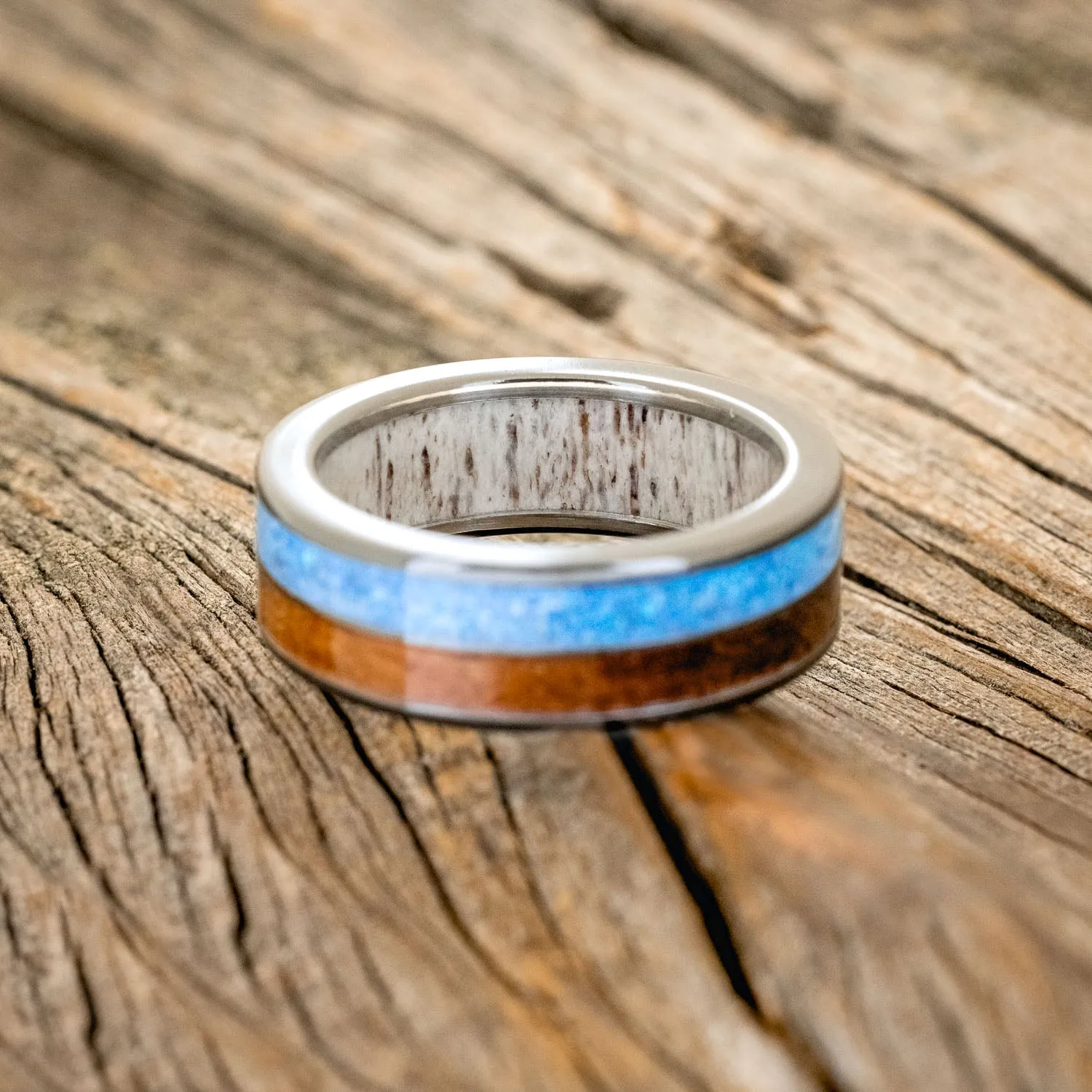 "DYAD" - KOA WOOD & BLUE OPAL WEDDING RING FEATURING AN ANTLER LINED BAND - BLACK ZIRONIUM - SIZE 10 3/4