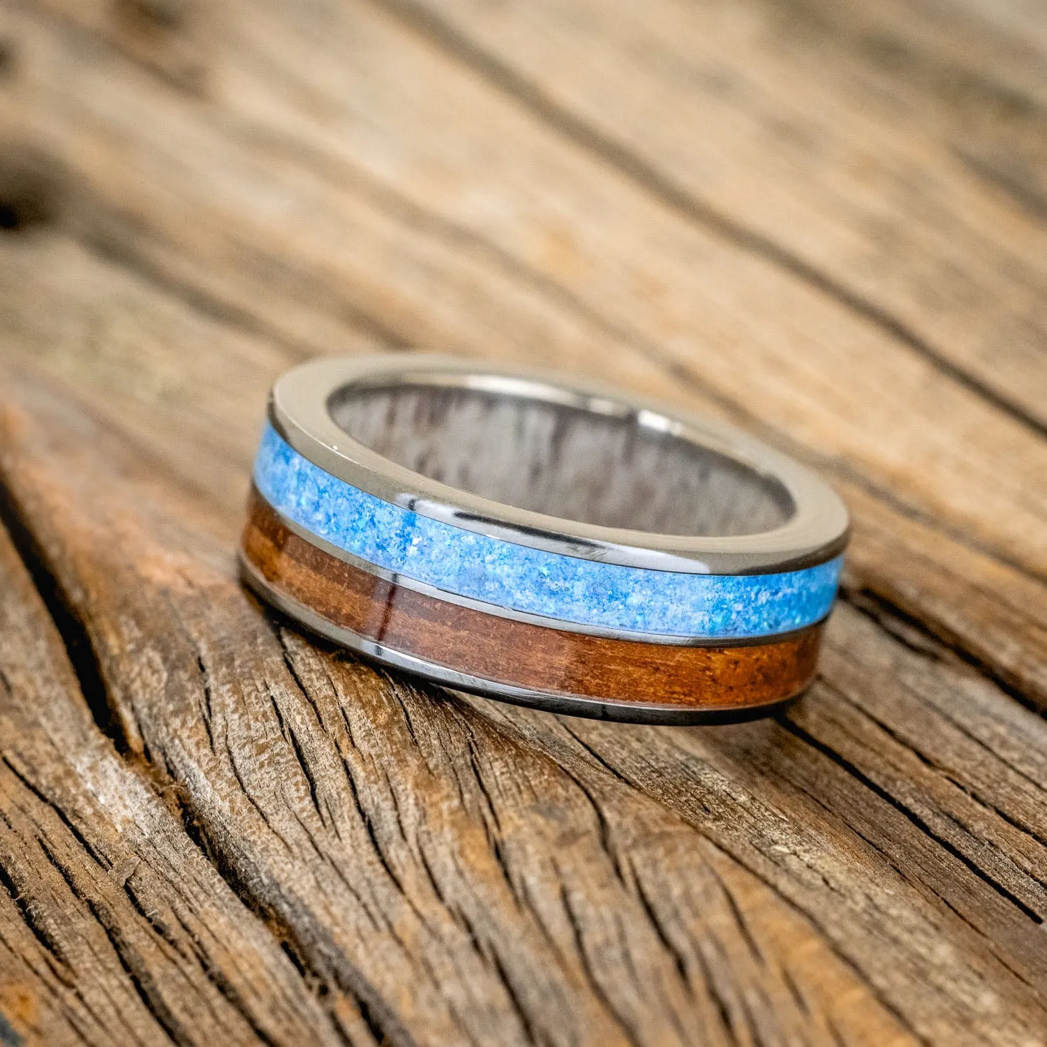 "DYAD" - KOA WOOD & BLUE OPAL WEDDING RING FEATURING AN ANTLER LINED BAND - BLACK ZIRONIUM - SIZE 10 3/4