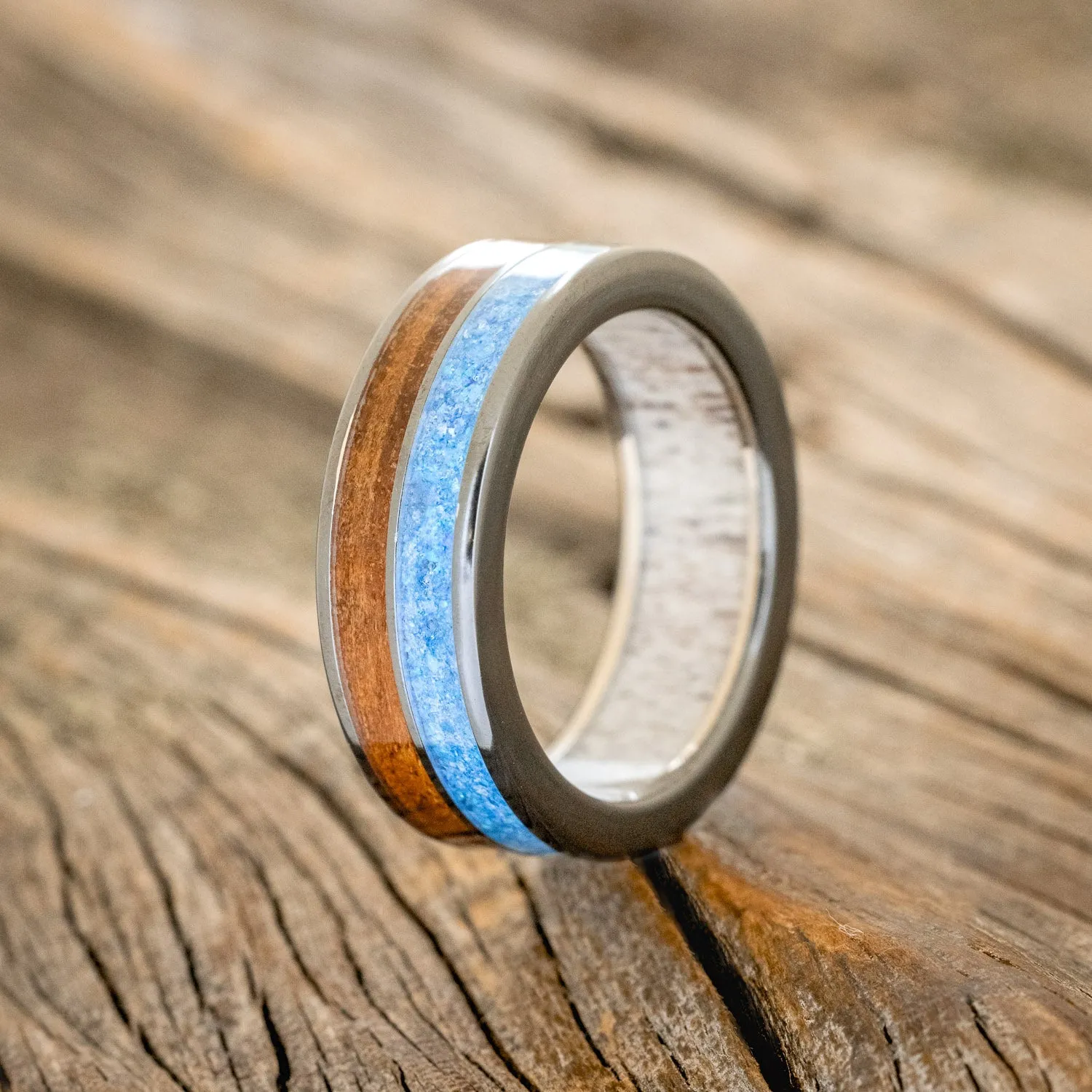 "DYAD" - KOA WOOD & BLUE OPAL WEDDING RING FEATURING AN ANTLER LINED BAND - BLACK ZIRONIUM - SIZE 10 3/4