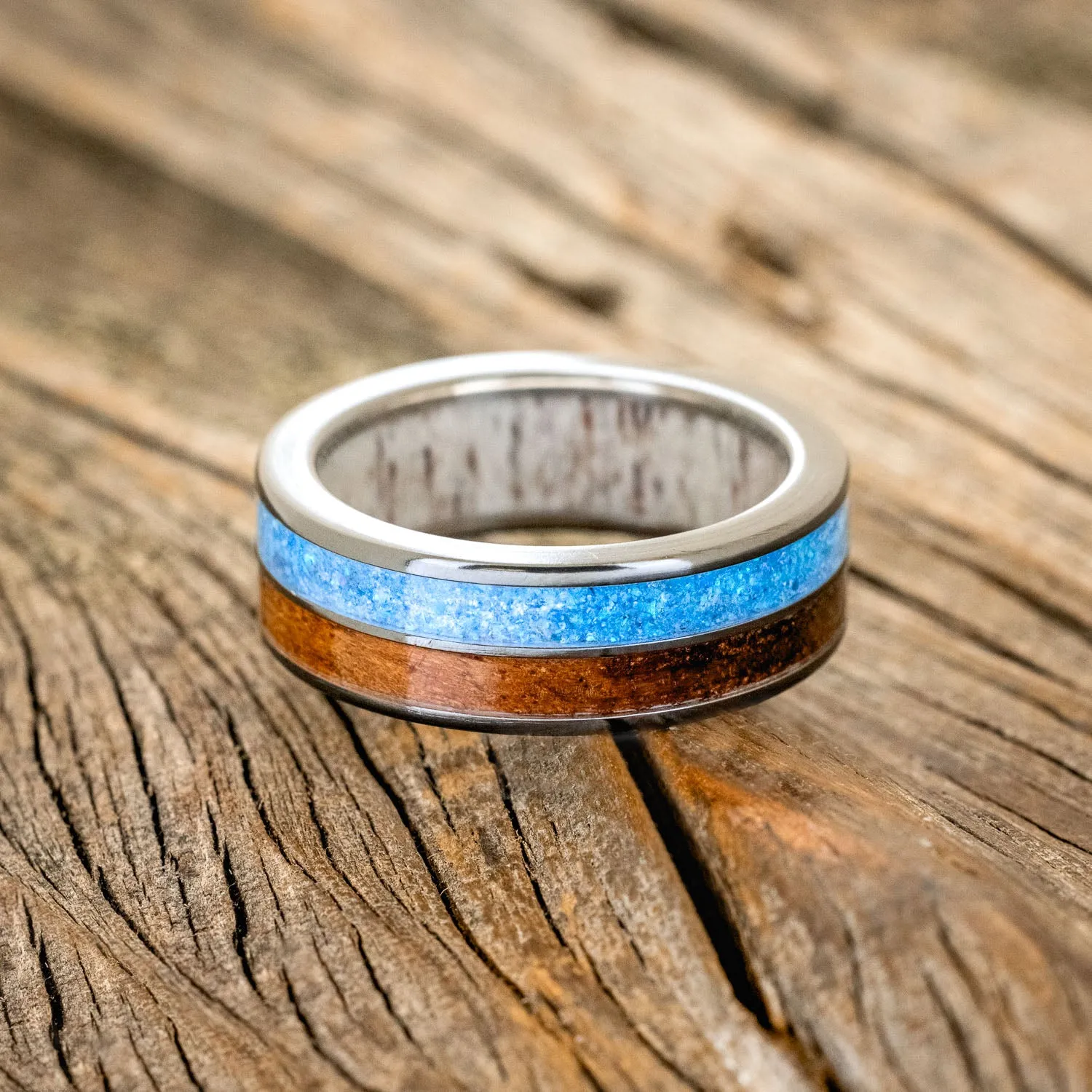 "DYAD" - KOA WOOD & BLUE OPAL WEDDING RING FEATURING AN ANTLER LINED BAND - BLACK ZIRONIUM - SIZE 10 3/4