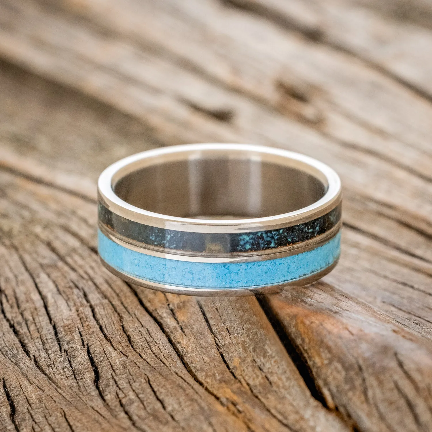 "DYAD" - PATINA COPPER & TURQUOISE WEDDING BAND - TITANIUM- SIZE 12