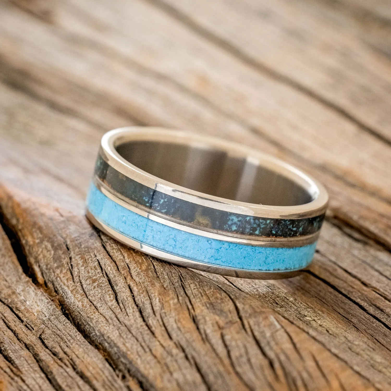 "DYAD" - PATINA COPPER & TURQUOISE WEDDING BAND - TITANIUM- SIZE 12