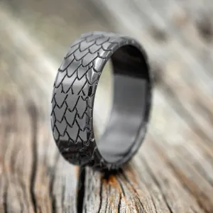 "ECHO" - CUSTOM EMBOSSED DRAGON SCALE WEDDING BAND - BLACK ZIRCONIUM - SIZE 13