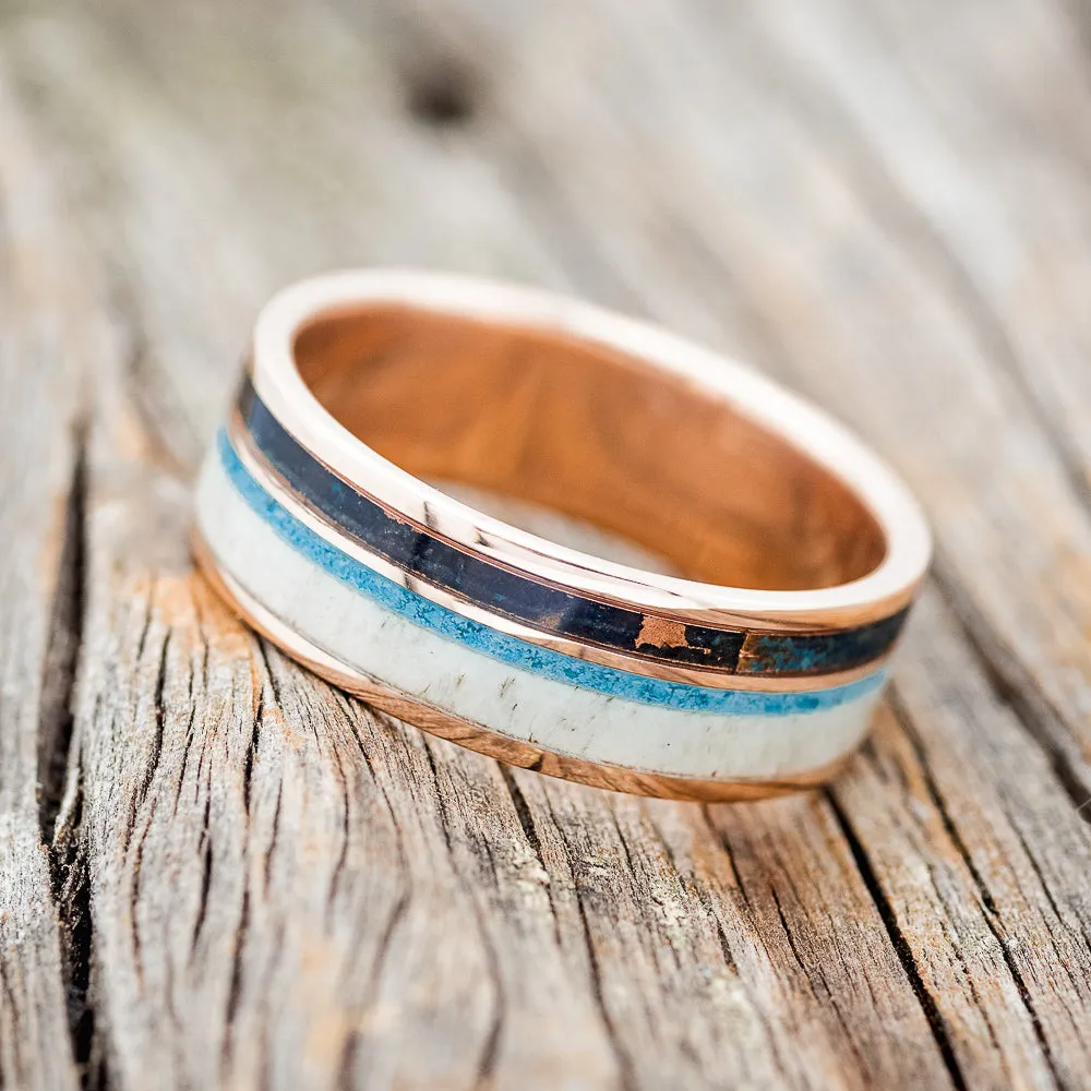 "ELEMENT" - PATINA COPPER, ANTLER & TURQUOISE WEDDING BAND - 14K ROSE GOLD - SIZE 6 1/2