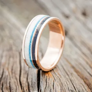 "ELEMENT" - PATINA COPPER, ANTLER & TURQUOISE WEDDING BAND - 14K ROSE GOLD - SIZE 6 1/2