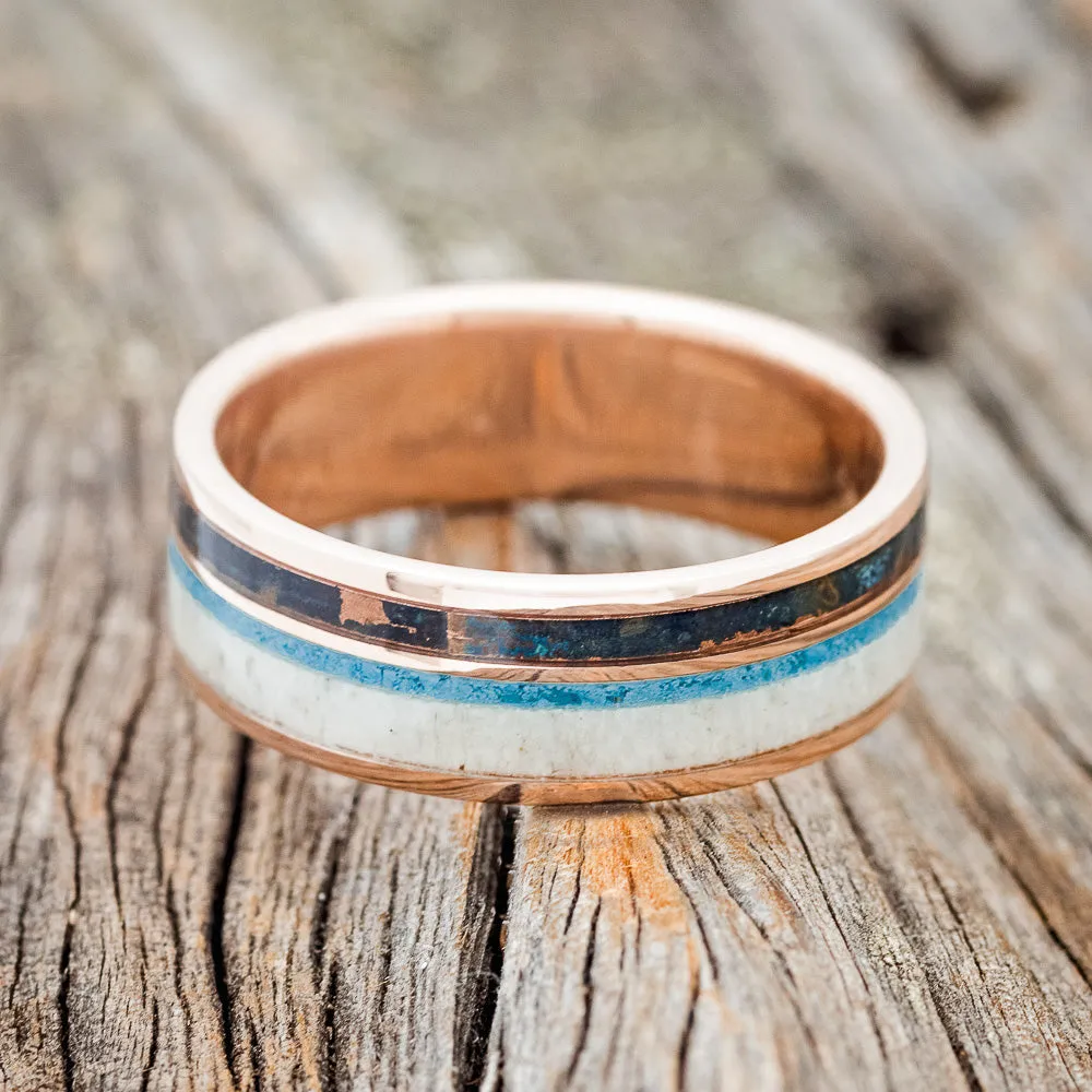 "ELEMENT" - PATINA COPPER, ANTLER & TURQUOISE WEDDING BAND - 14K ROSE GOLD - SIZE 6 1/2