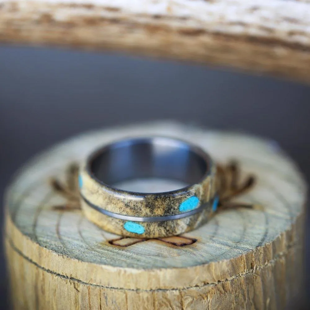 "GOLDEN" - BUCKEYE BURL WOOD WEDDING BAND WITH TURQUOISE INAYS - 14K WHITE GOLD - SIZE 8