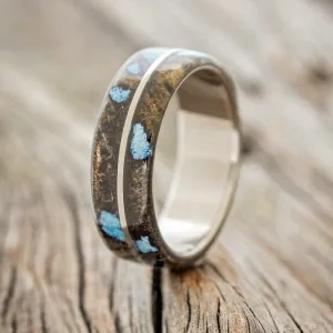 "GOLDEN" - BUCKEYE BURL WOOD WEDDING BAND WITH TURQUOISE INAYS - 14K WHITE GOLD - SIZE 8