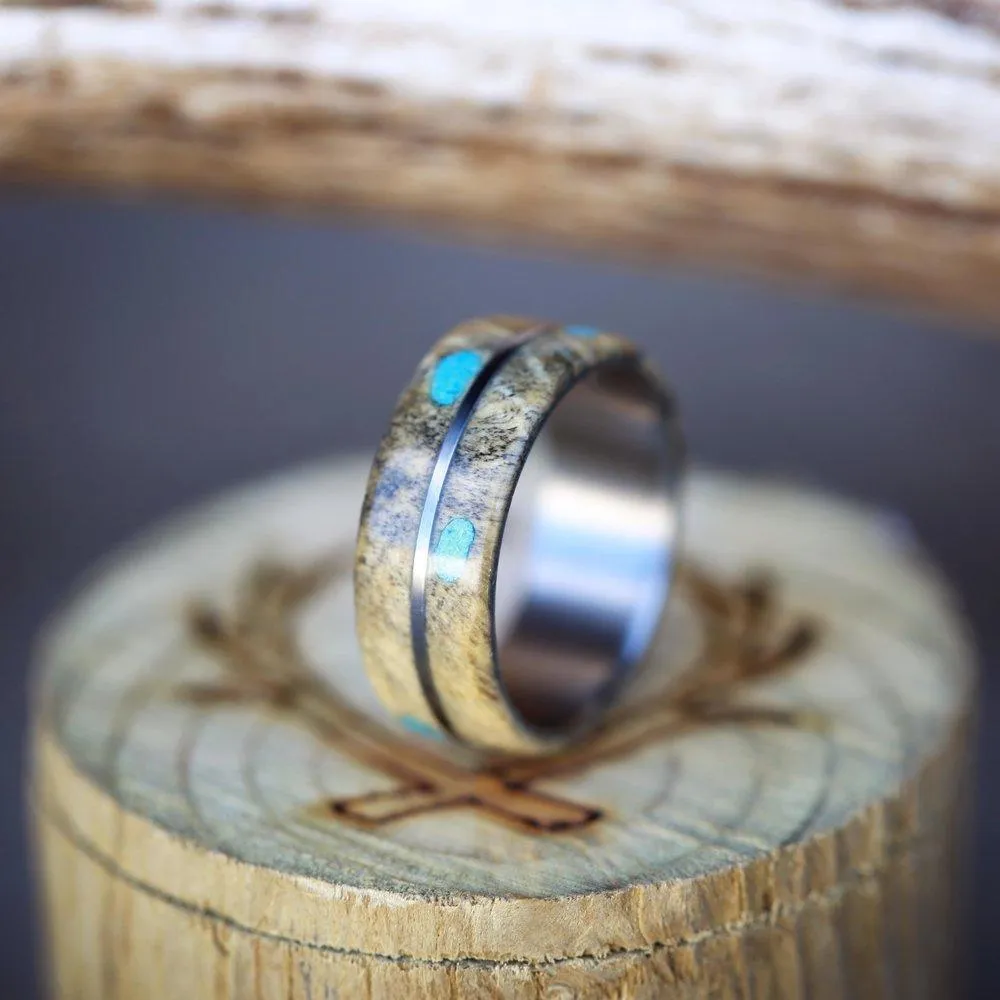 "GOLDEN" - BUCKEYE BURL WOOD WEDDING BAND WITH TURQUOISE INAYS - 14K WHITE GOLD - SIZE 8