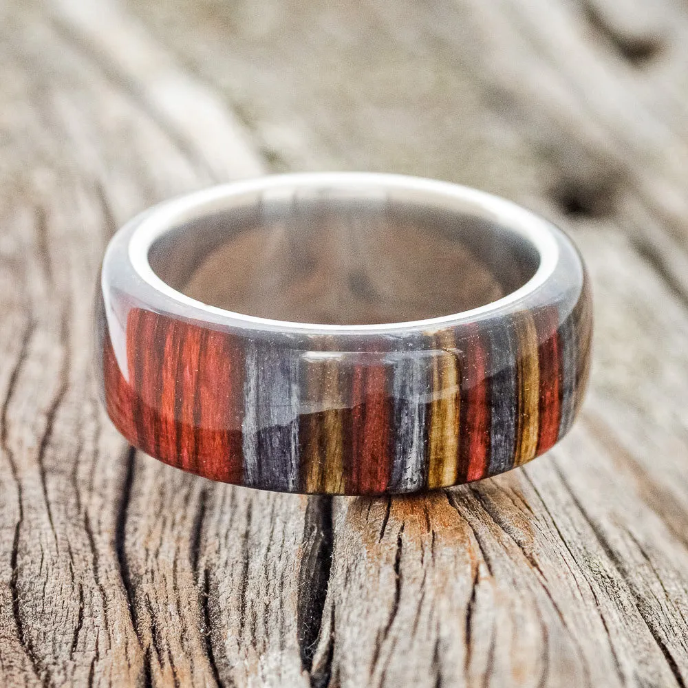 "HAVEN" - RED, GREY & BROWN DYED BIRCH WOOD WEDDING RING - TITANIUM - SIZE 8 1/4