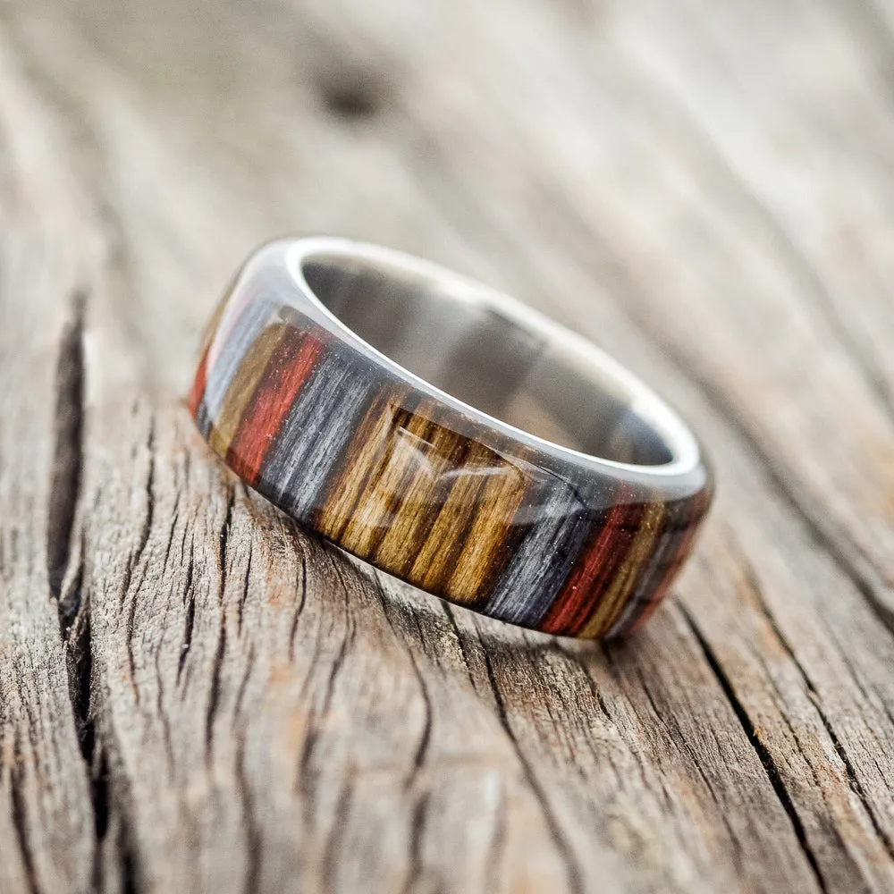 "HAVEN" - RED, GREY & BROWN DYED BIRCH WOOD WEDDING RING - TITANIUM - SIZE 8 1/4