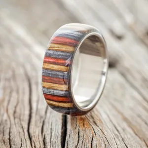 "HAVEN" - RED, GREY & BROWN DYED BIRCH WOOD WEDDING RING - TITANIUM - SIZE 8 1/4