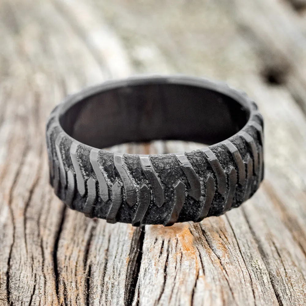 "PARCEL"- CUSTOM EMBOSSED TIRE TREAD WEDDING BAND - SIZE 10 1/4