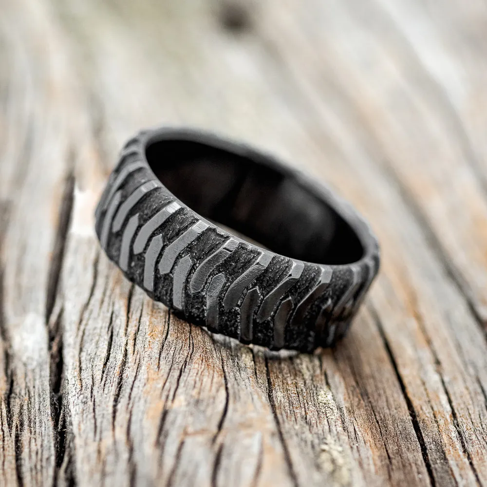 "PARCEL"- CUSTOM EMBOSSED TIRE TREAD WEDDING BAND - SIZE 10 1/4