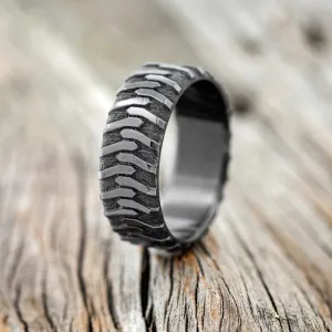 "PARCEL"- CUSTOM EMBOSSED TIRE TREAD WEDDING BAND - SIZE 10 1/4