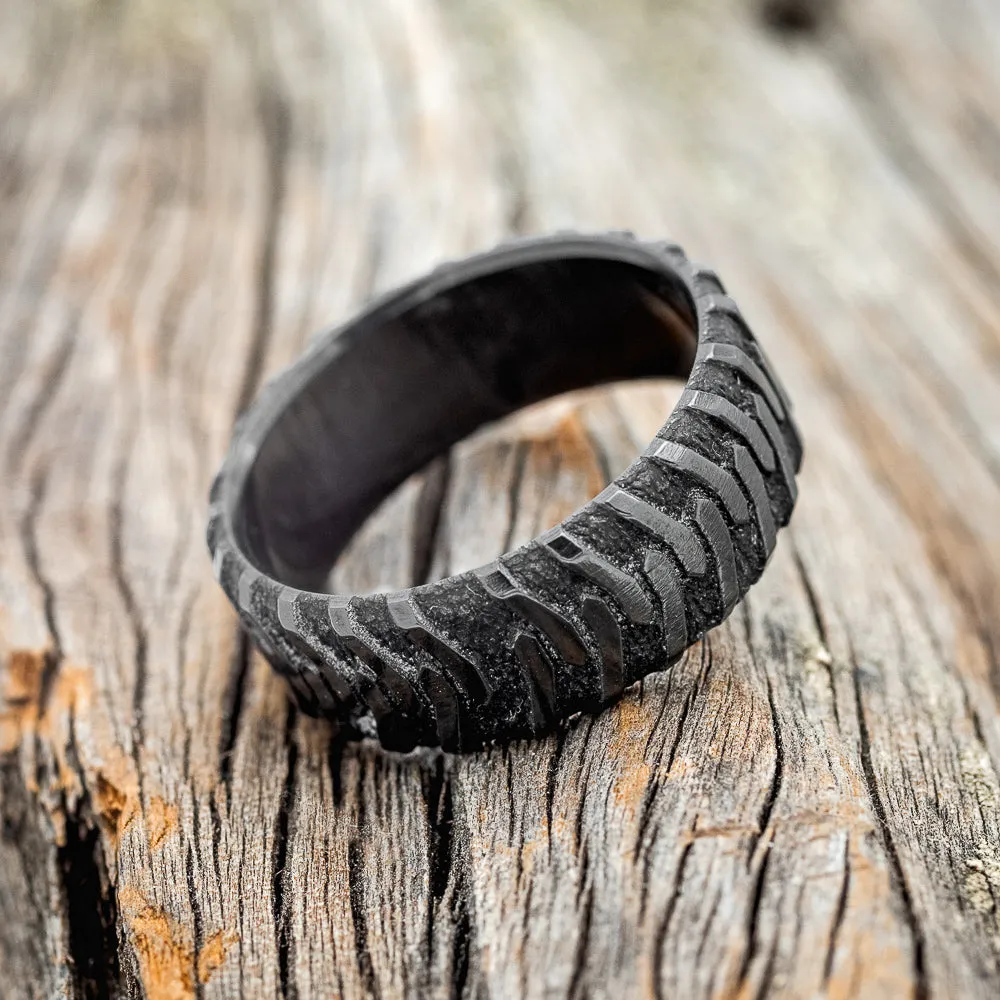 "PARCEL"- CUSTOM EMBOSSED TIRE TREAD WEDDING BAND - SIZE 10 1/4