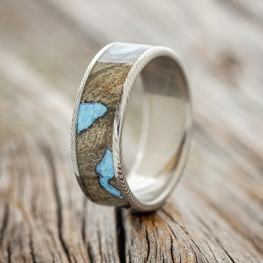 "RAINIER" - BUCKEYE BURL & TURQUOISE WEDDING BAND - DAMASCUS STEEL - SIZE 11 1/2