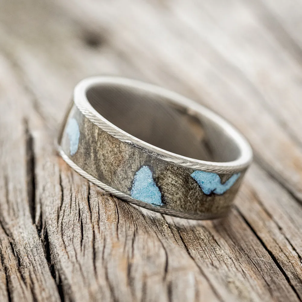 "RAINIER" - BUCKEYE BURL & TURQUOISE WEDDING BAND - DAMASCUS STEEL - SIZE 11 1/2