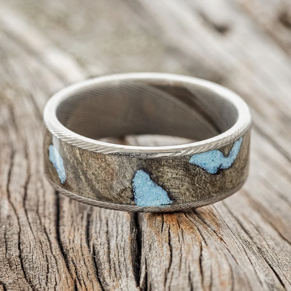 "RAINIER" - BUCKEYE BURL & TURQUOISE WEDDING BAND - DAMASCUS STEEL - SIZE 11 1/2