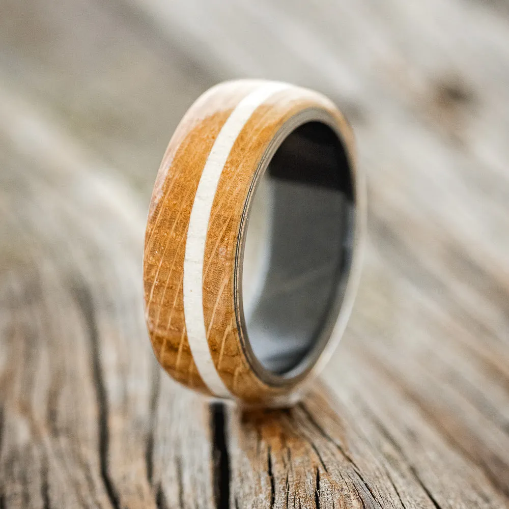 "REMMY" - WHISKEY BARREL OAK & ANTLER WEDDING RING - BLACK ZIRCONIUM - SIZE 10