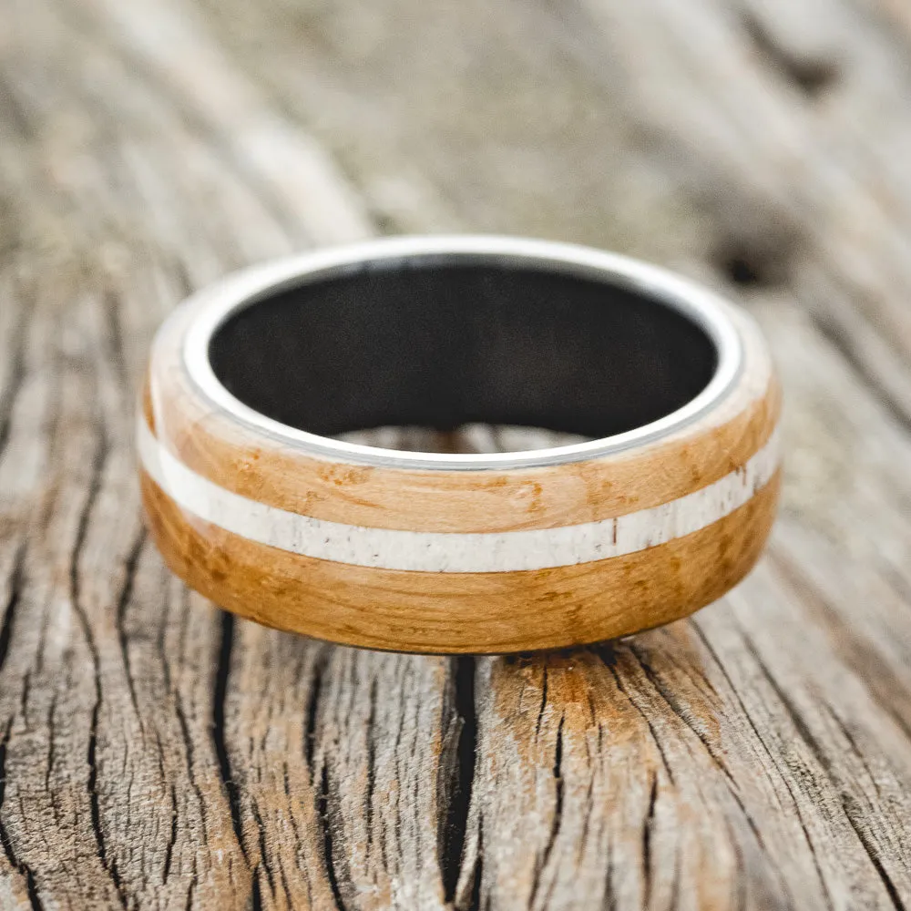 "REMMY" - WHISKEY BARREL OAK & ANTLER WEDDING RING - BLACK ZIRCONIUM - SIZE 10