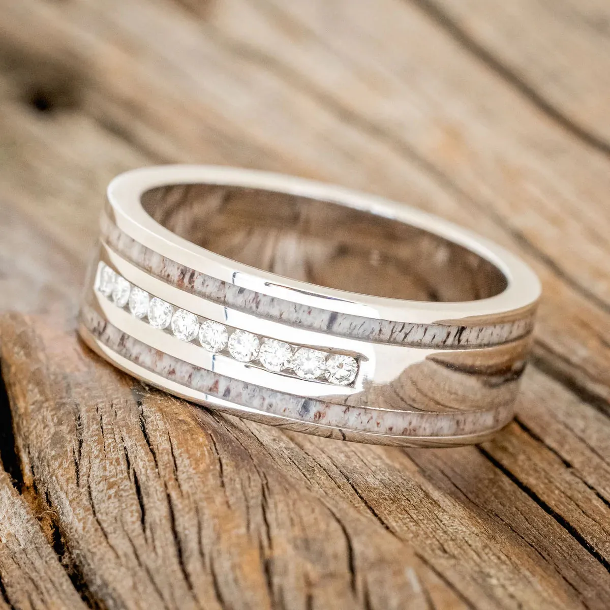 "RYDER" - DIAMONDS & ANTLER INLAYS WEDDING BAND - 14K WHITE GOLD - SIZE 12 1/4