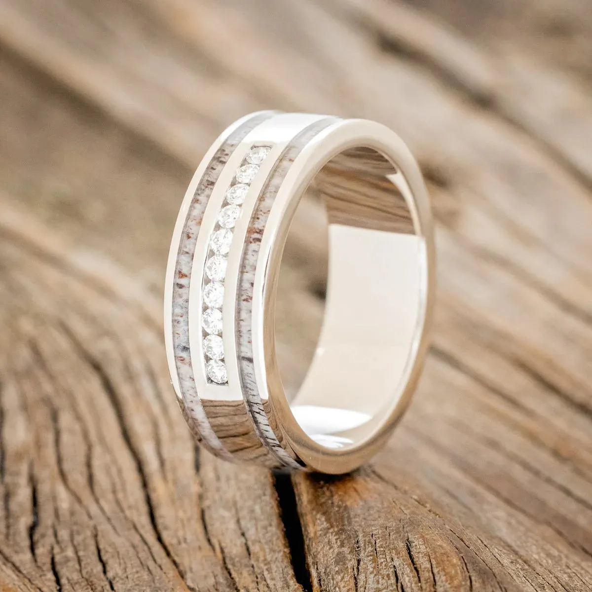 "RYDER" - DIAMONDS & ANTLER INLAYS WEDDING BAND - 14K WHITE GOLD - SIZE 12 1/4