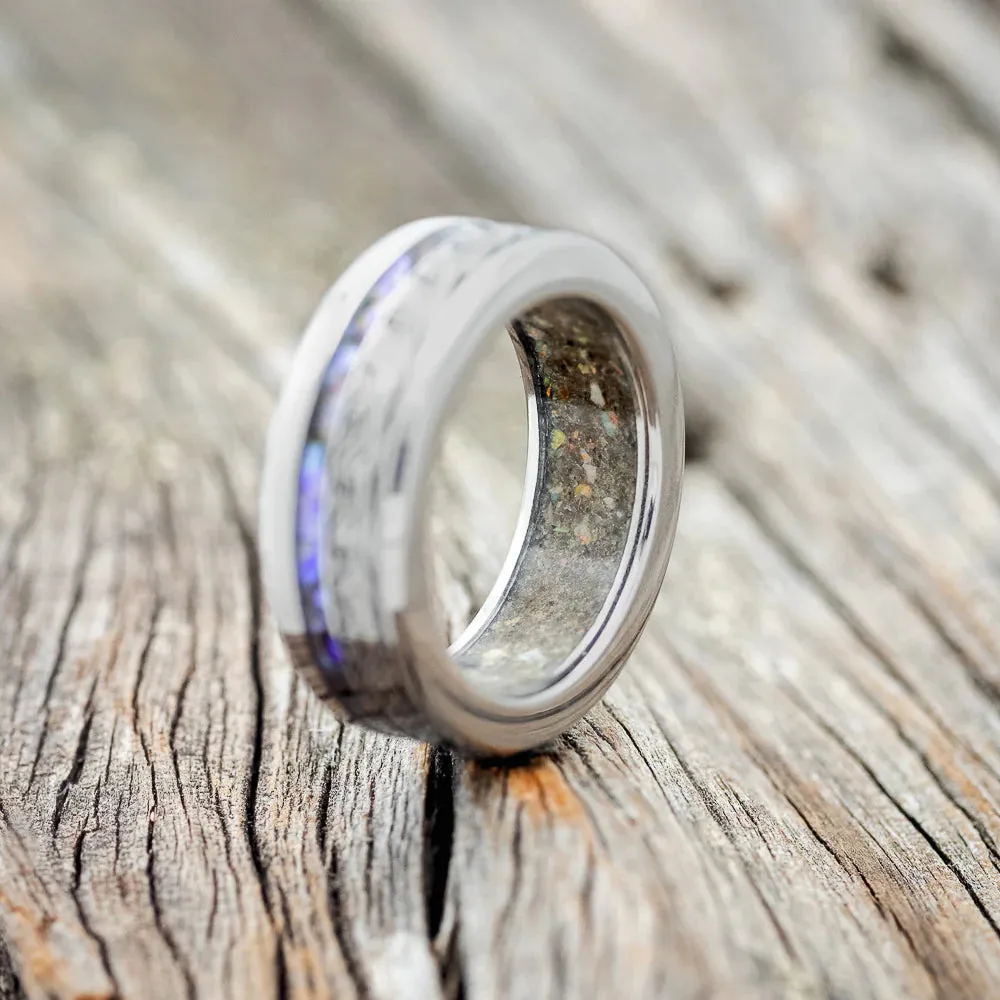 "TRITON" - WAVE ENGRAVED WEDDING BAND WITH PAUA SHELL & SAND LINING - TITANIUM - SIZE 9 1/4