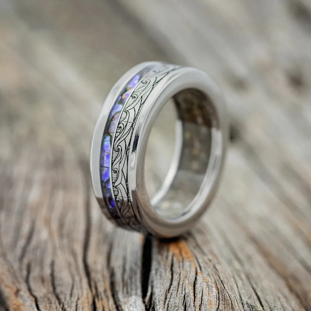 "TRITON" - WAVE ENGRAVED WEDDING BAND WITH PAUA SHELL & SAND LINING - TITANIUM - SIZE 9 1/4