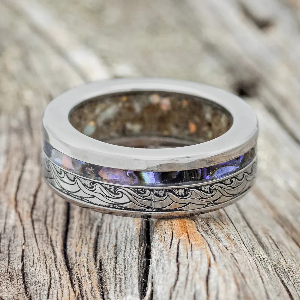 "TRITON" - WAVE ENGRAVED WEDDING BAND WITH PAUA SHELL & SAND LINING - TITANIUM - SIZE 9 1/4