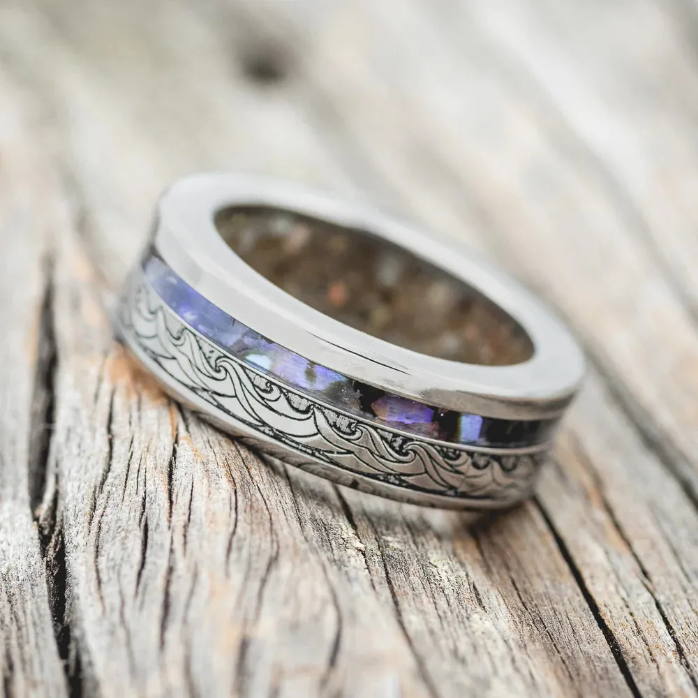 "TRITON" - WAVE ENGRAVED WEDDING BAND WITH PAUA SHELL & SAND LINING - TITANIUM - SIZE 9 1/4