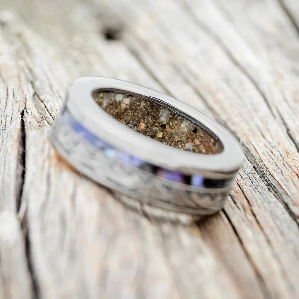 "TRITON" - WAVE ENGRAVED WEDDING BAND WITH PAUA SHELL & SAND LINING - TITANIUM - SIZE 9 1/4