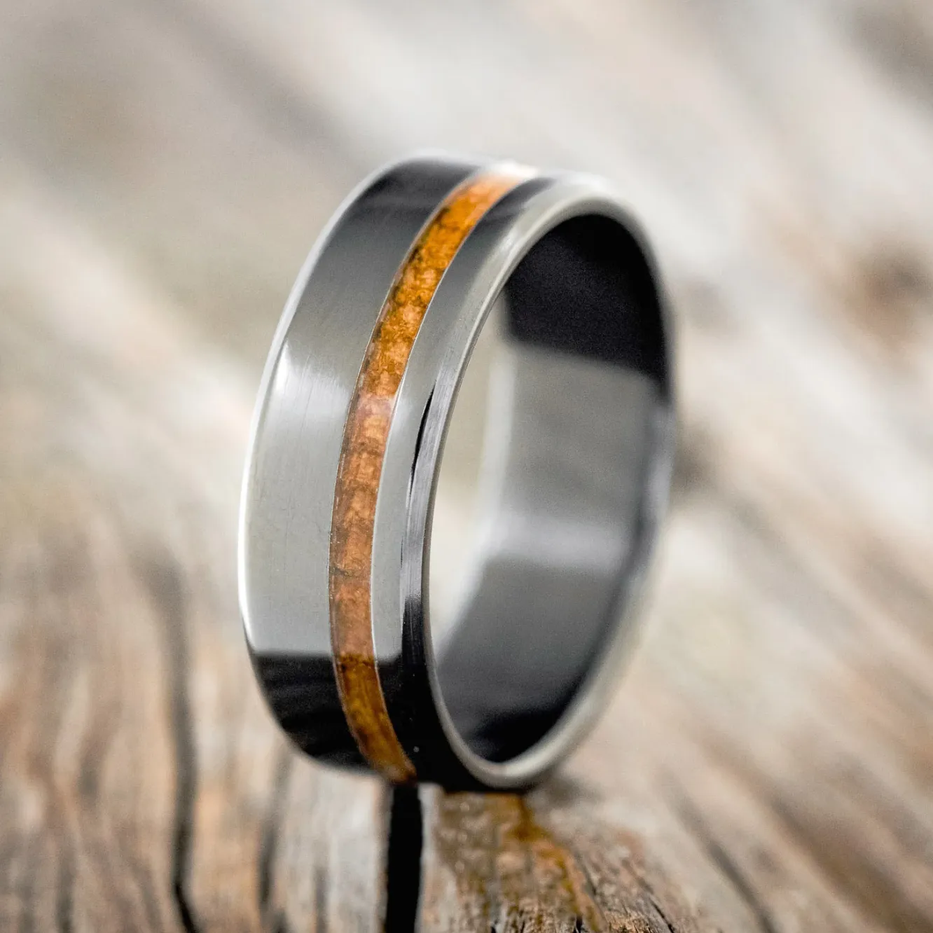 "VERTIGO" - BLACK ZIRCONIUM WEDDING BAND WITH WHISKEY BARREL INLAY - SIZE 11 1/2