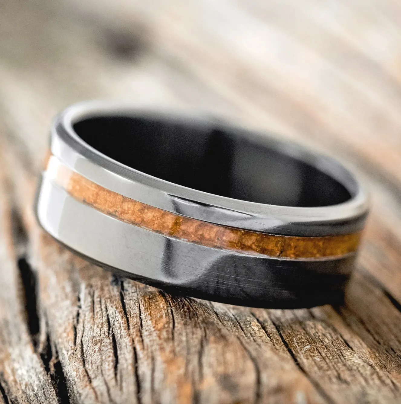 "VERTIGO" - BLACK ZIRCONIUM WEDDING BAND WITH WHISKEY BARREL INLAY - SIZE 11 1/2