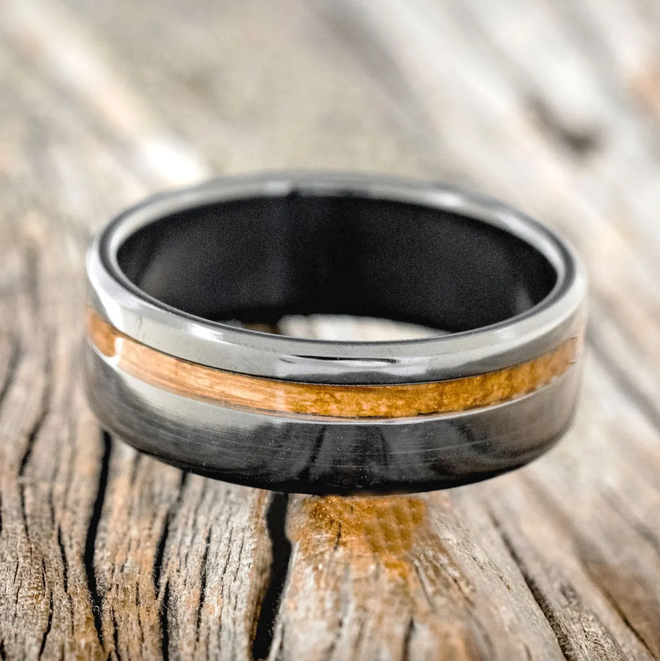 "VERTIGO" - BLACK ZIRCONIUM WEDDING BAND WITH WHISKEY BARREL INLAY - SIZE 11 1/2