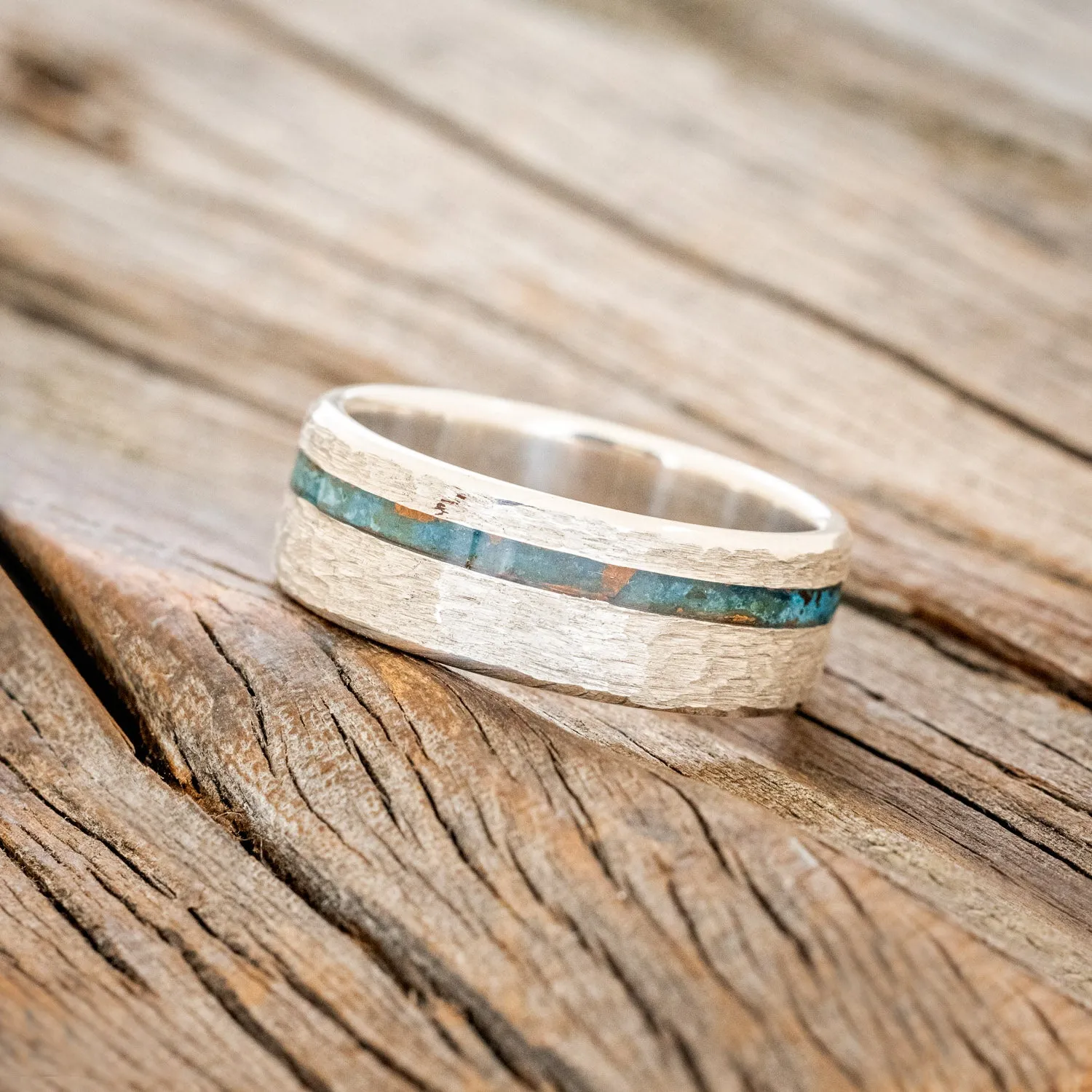 "VERTIGO" - PATINA COPPER WEDDING BAND WITH A HAMMERED FINISH - SILVER - SIZE 10 1/4