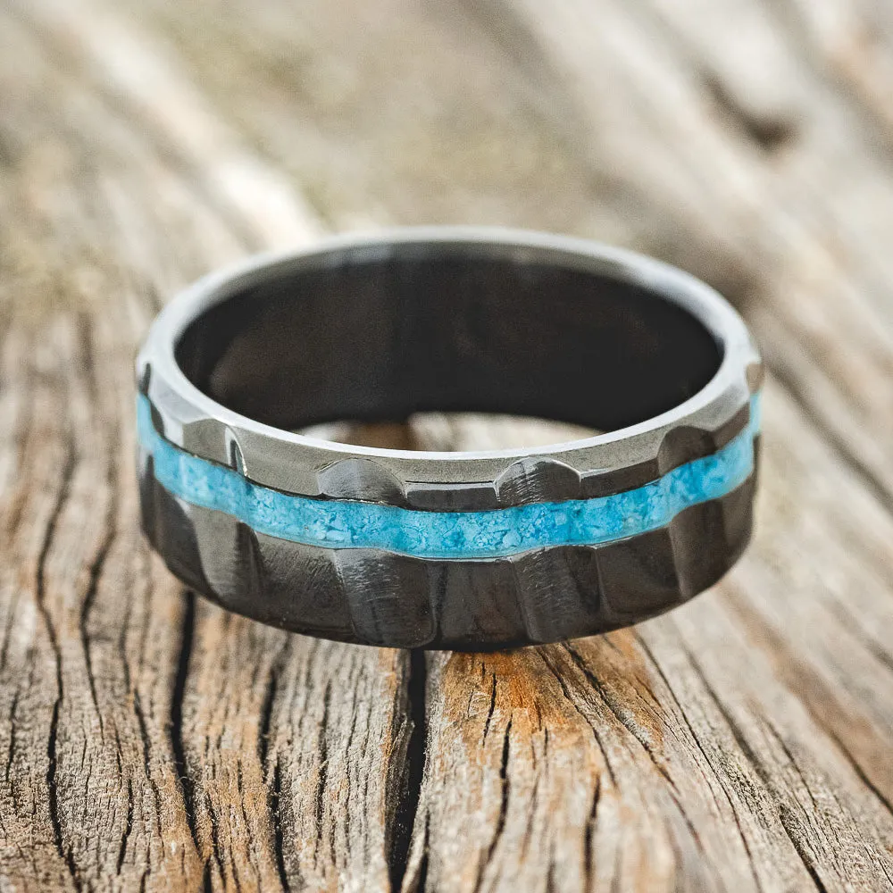 "VERTIGO" - TURQUOISE WEDDING RING FEATURING A DIAGONAL FLUTED BAND (6MM) - BLACK ZIRCONIUM - 11 1/2