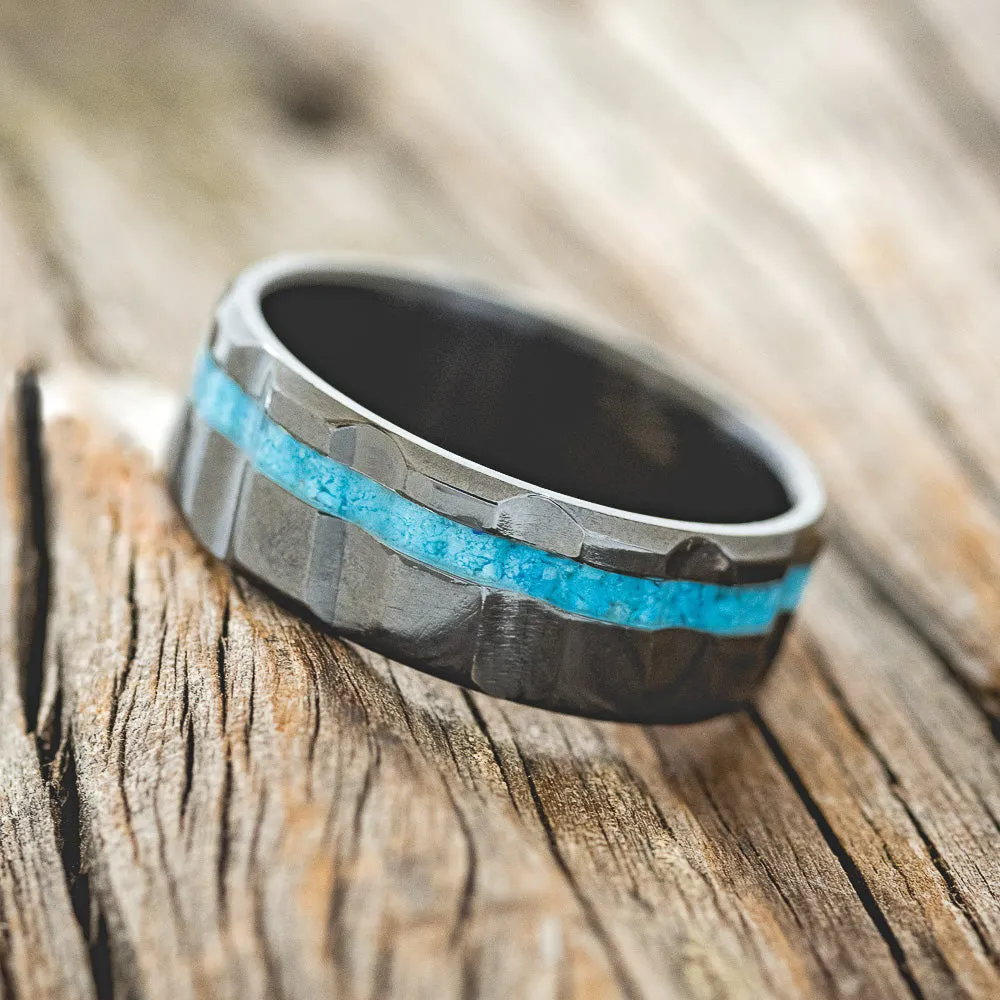 "VERTIGO" - TURQUOISE WEDDING RING FEATURING A DIAGONAL FLUTED BAND (6MM) - BLACK ZIRCONIUM - 11 1/2