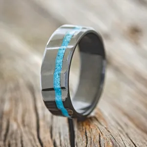 "VERTIGO" - TURQUOISE WEDDING RING FEATURING A DIAGONAL FLUTED BAND (6MM) - BLACK ZIRCONIUM - 11 1/2