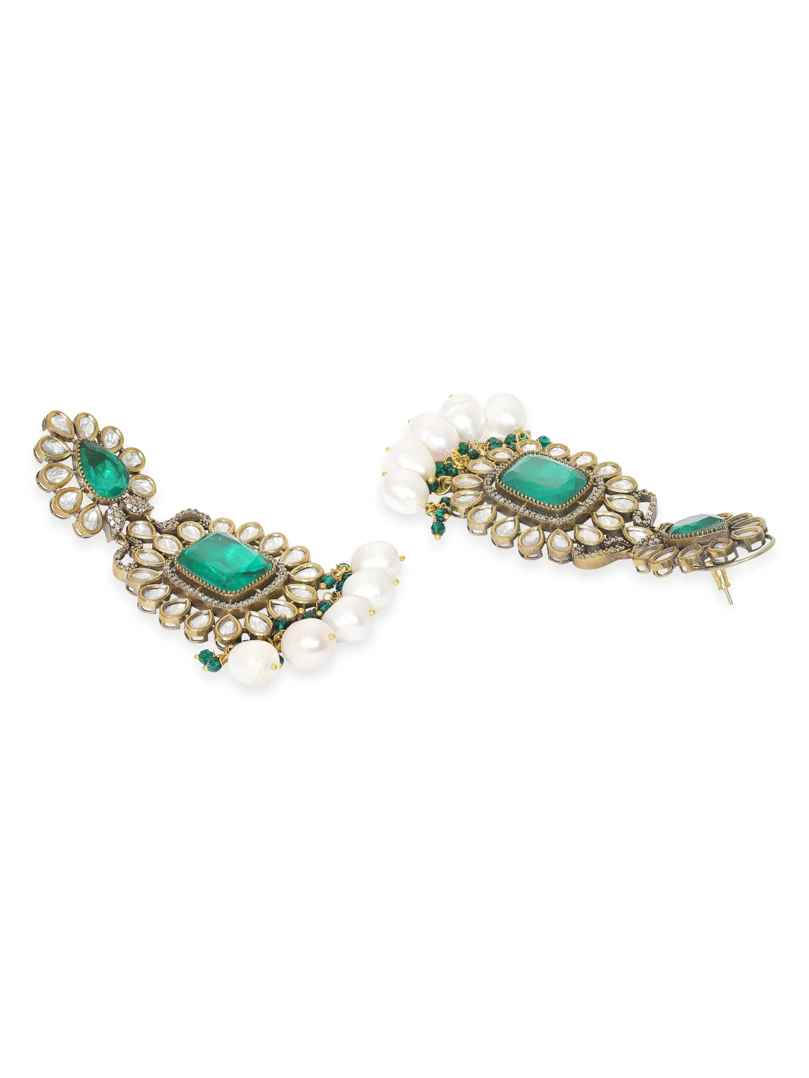 Rubans Exquisite Gold-Plated Kundan and Emerald Dangle Earrings