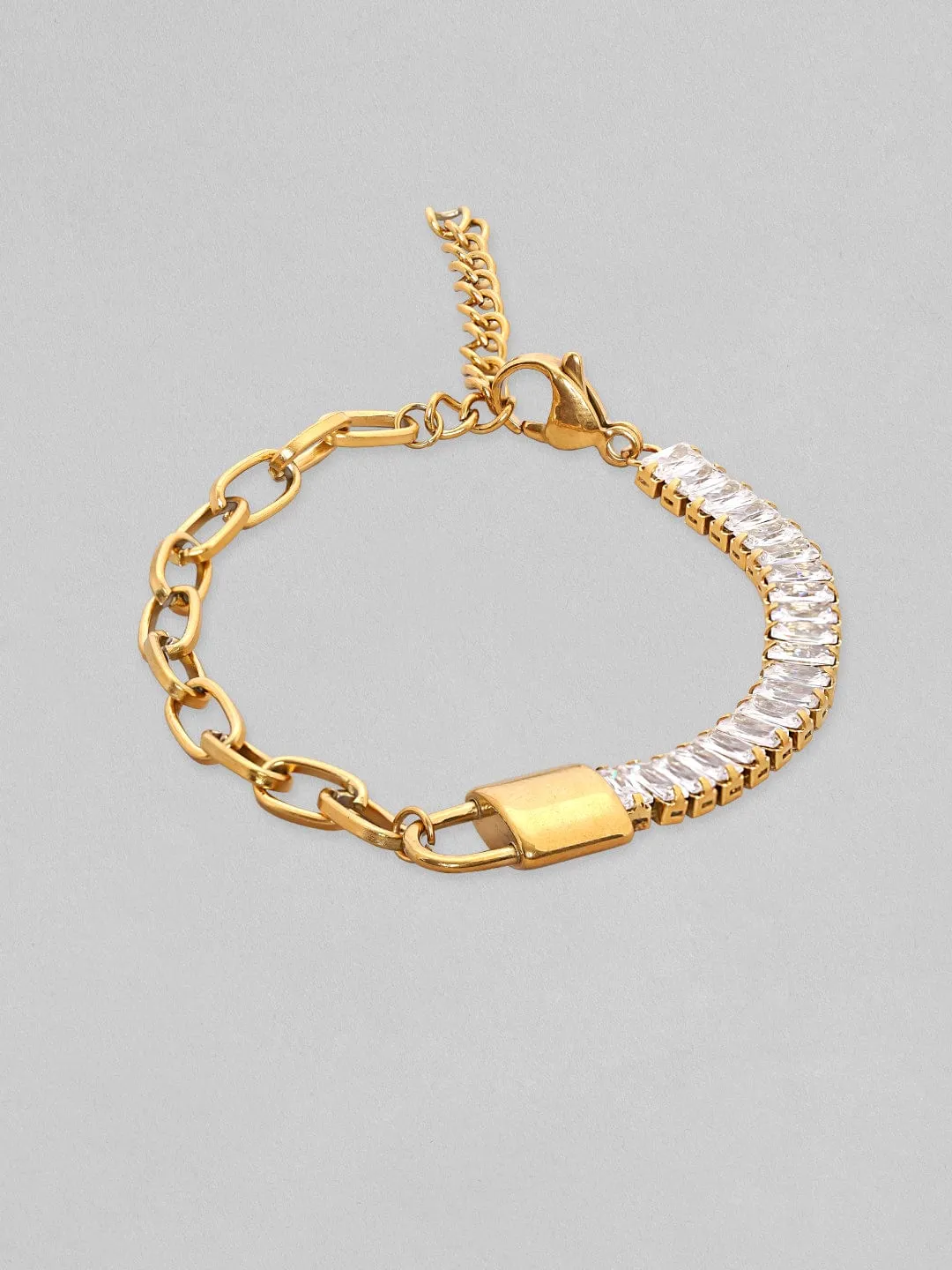 Rubans Voguish Gold Toned Stainless Steel With Baguette Zircons Link Bracelet