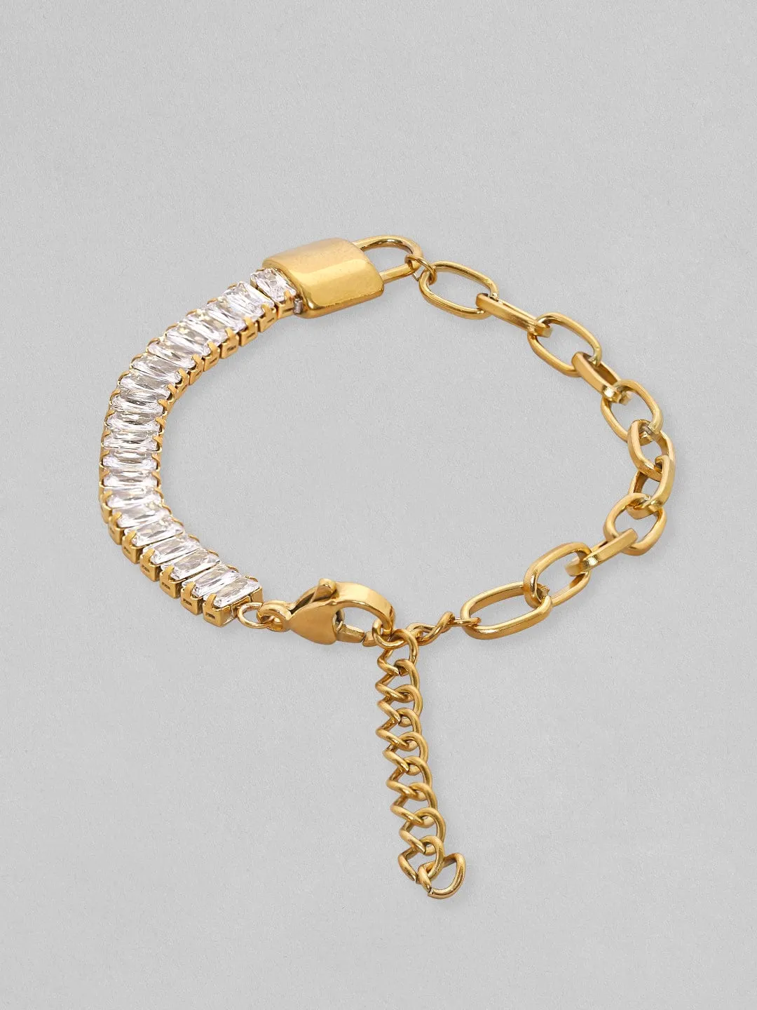 Rubans Voguish Gold Toned Stainless Steel With Baguette Zircons Link Bracelet