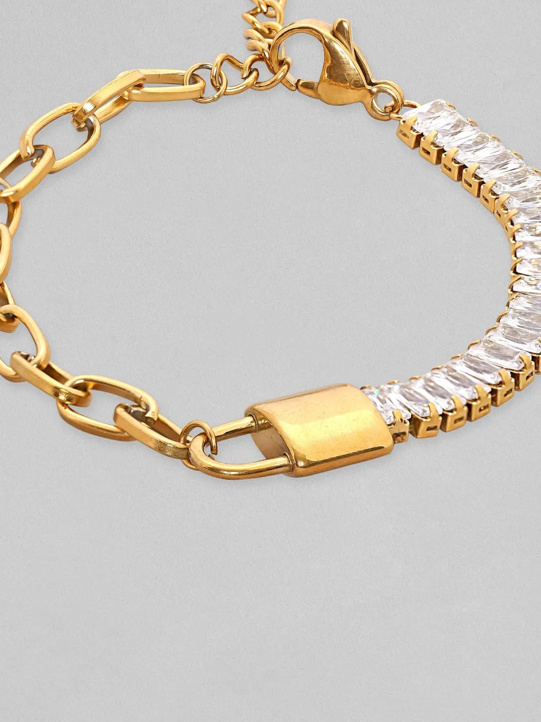 Rubans Voguish Gold Toned Stainless Steel With Baguette Zircons Link Bracelet