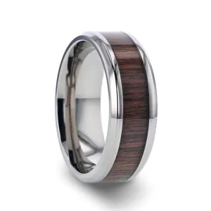 SCOTIA | Silver Titanium Ring, Black Walnut Wood Inlay, Beveled