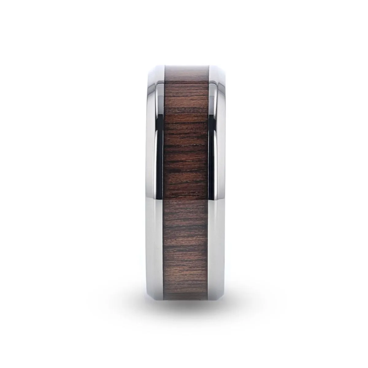 SCOTIA | Silver Titanium Ring, Black Walnut Wood Inlay, Beveled