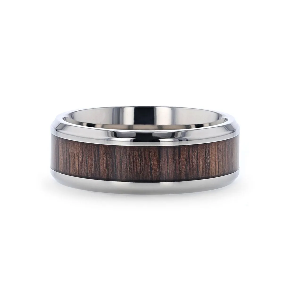 SCOTIA | Silver Titanium Ring, Black Walnut Wood Inlay, Beveled